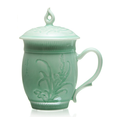 陶瓷精美工艺 兰花青瓷办公茶杯 创意水杯带盖 茶具 特价