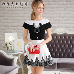 Female pink short sleeve t shirt large dolls 2015 summer dress new black spell temperament slim white nail flower t