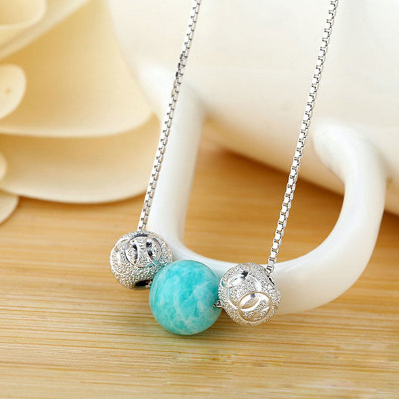 丘比恋 天河石 圆珠925银项链 女 吊坠 锁骨链