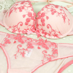 外贸原单新款出口法国高档蕾丝刺绣奢华性感可爱粉色女士文胸套装