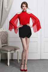 Bias cut irregular geometrical design fake 2 piece skirt black waist sexy slim slimming shorts hot pants 9131