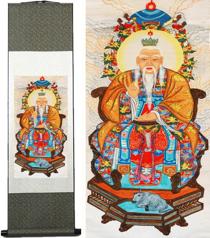 丝绸道教三清清图道德天尊挂画装饰国画卷轴国画