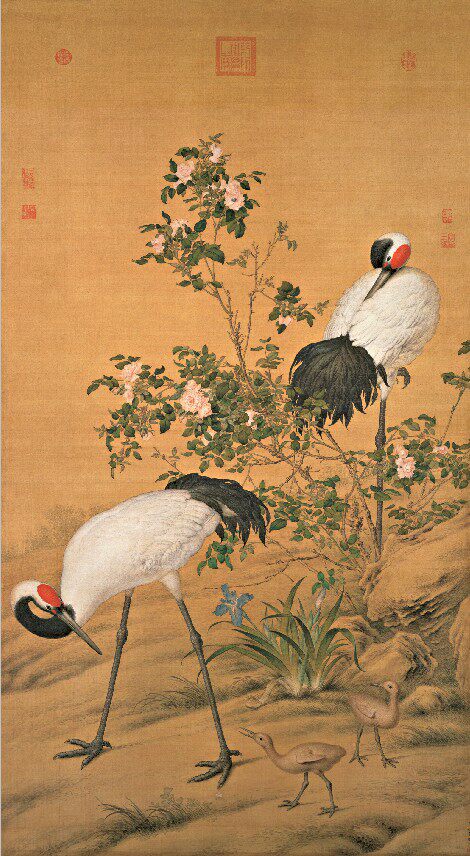 仿古画名画复制品郎世宁花荫双鹤图47x86厘米名人字画花鸟画国画