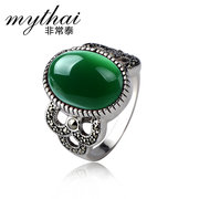 Thai Thai Silver 925 ring retro fashion female green agate finger ring sending girls