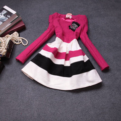 Fall/winter 2014 new ladies slim fit striped wool long sleeve dress