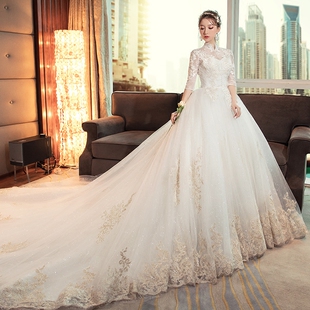 婚纱礼服2018新款冬季新娘结婚立领复古长拖尾女公主齐地显瘦长袖