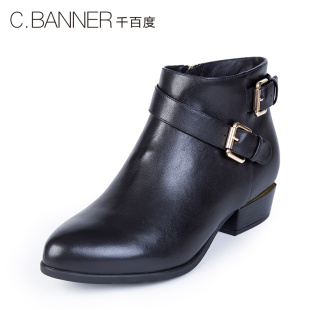 celine clasp珍稀皮革 C.BANNER 千百度2020冬新品牛皮革低跟女靴短靴A6520502 celine