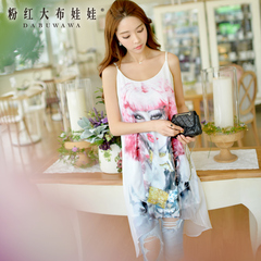 Floral print dress big pink dolls 2015 temperament ladies summer styles dresses Suspender dress