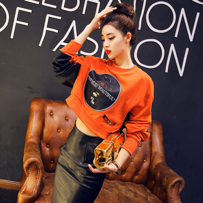 2015新款秋装上衣蝙蝠袖PU字母短款卫衣宽松