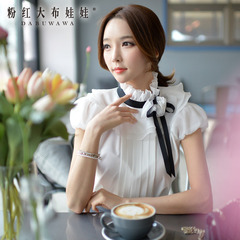 White-shirt Lady big pink dolls 2015 summer styles trimmed flowers ruffled blouse women's shirts