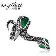 Thai Thai silver ring 925 Silver vintage animals very green agate coiled snake ring/finger girl