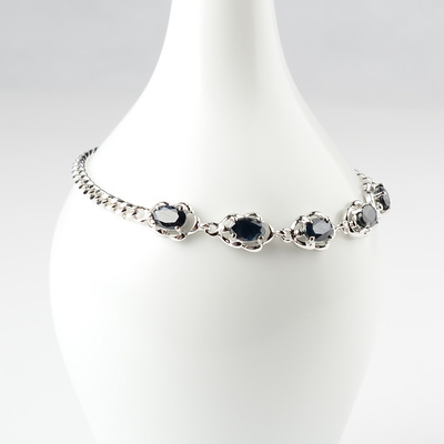 天然黑蓝宝石手链 纯银镶嵌 c055