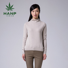 Hanp/汉麻世家纯色麻花半高领毛衫女装 中长款羊毛毛衣长袖针织衫