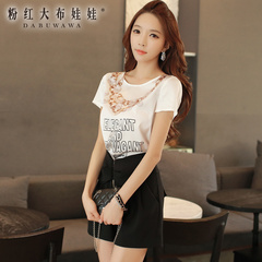 White shirt female pink doll 2015 summer styles dresses patterned print shirt women short sleeve