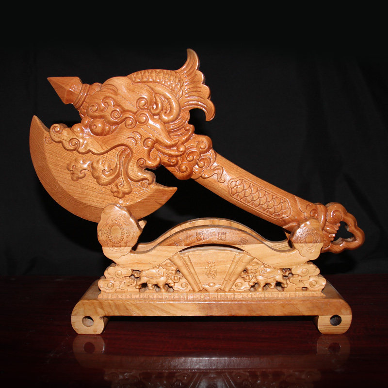 桃木斧头睚眦龙头斧子套装木雕摆件结婚坐福搬家
