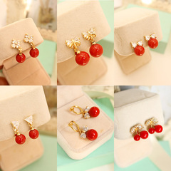 Shanzai temperament bride red Pearl Crown ear clip pierced earrings earring earring ornament-free post