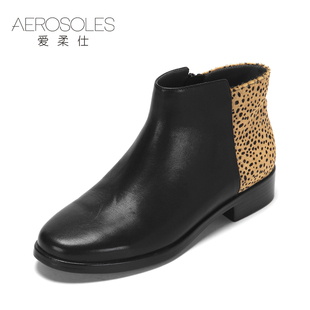 愛馬仕拖鞋多少錢牛皮 Aerosoles 愛柔仕牛皮拼接豹紋圓頭低跟休閑歐美女短靴2020605080 拖鞋