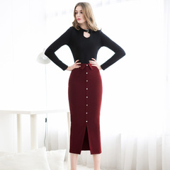 Retro elegant single breasted red simple slim bag hip dress pencil skirt skirts Western commuter 9254