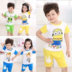 韩版儿童装2016新款纯棉夏装男童女童套装宝宝短袖两用裆短裤