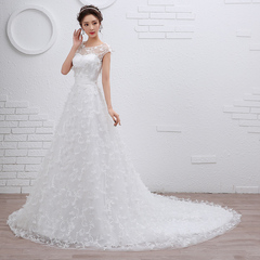 婚纱礼服2016冬季新款韩式修身新娘结婚一字肩长拖尾蕾丝大码显瘦