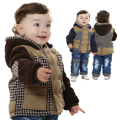 男童装冬装时尚男宝宝婴幼儿外套格子加绒加厚二件套装0-1-2-3岁