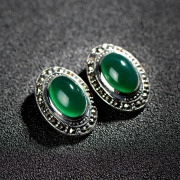 Thai Thai silver jewelry 925 Silver Green agate earrings vintage earrings hemispherical women under