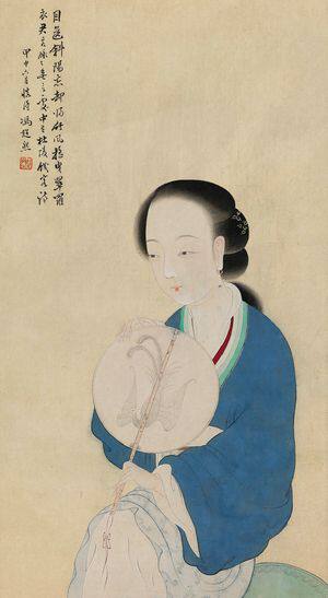 冯超然 纨扇仕女图 30x54厘米 中国画 复制微喷画心