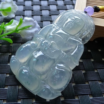 天然翡翠a货冰糯种木那雪花棉正装观音吊坠18.12g