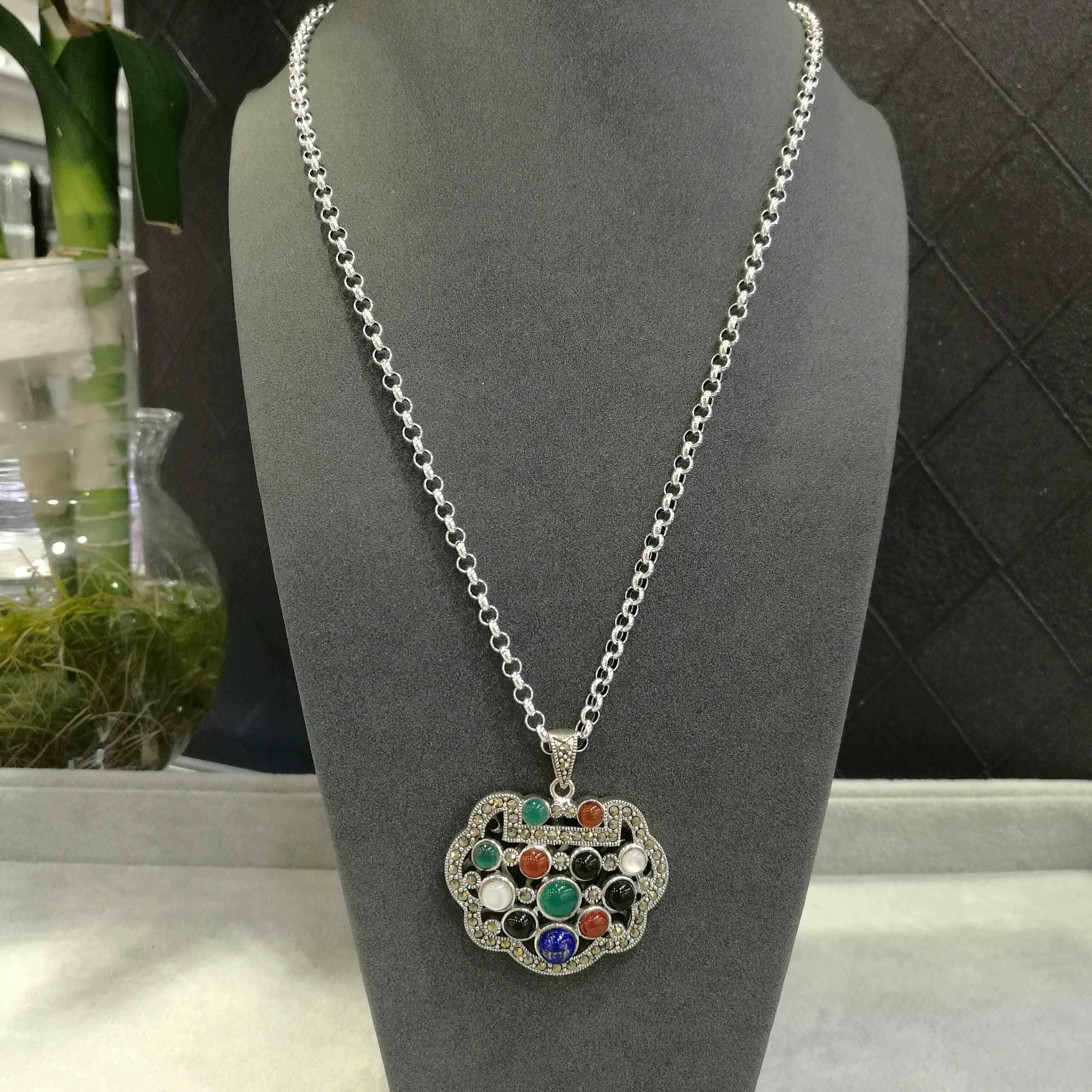 925纯银吊坠松石玛瑙镶嵌泰银复古女款挂件 项链大号毛衣链坠子 - 幻