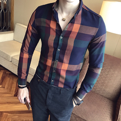 2017年春季新款青少年男士韩版休闲修身男士格子衬衫打底衫潮男款