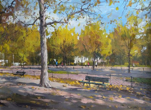 纯手绘校园风景水粉画 色彩风景画临摹稿定做 8k大小现货