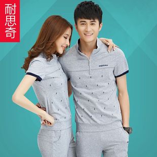 耐思奇运动专营店2015夏季运动套装男夏短袖长裤情侣卫衣套装立领休闲运动服女大码 XWWX