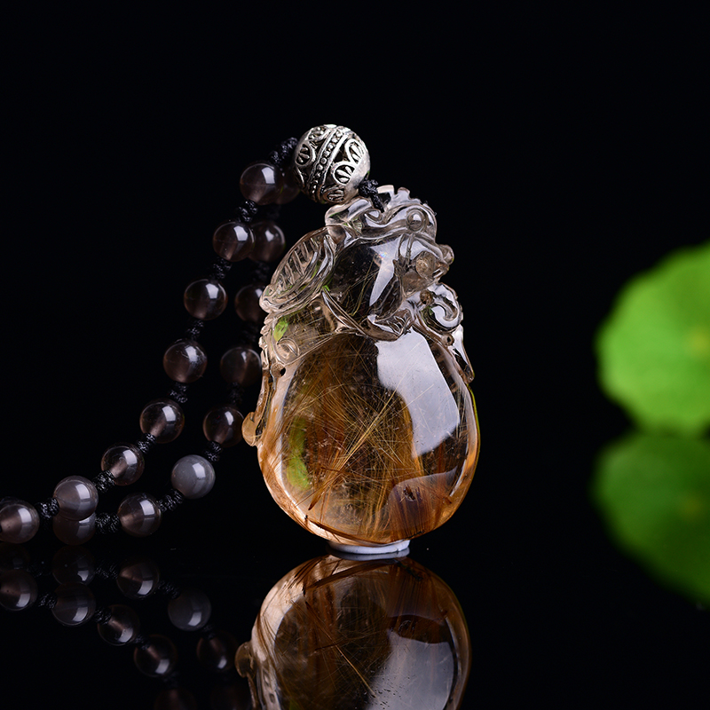 天然茶发晶钱袋子吊坠挂件 貔貅钱币聚财强 发丝柔顺晶体透彻干净