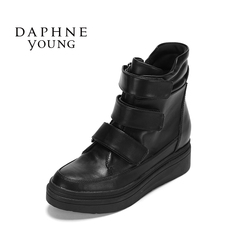 Daphne/达芙妮秋冬新圆头厚底单鞋 时尚魔术贴平底短靴1516605014