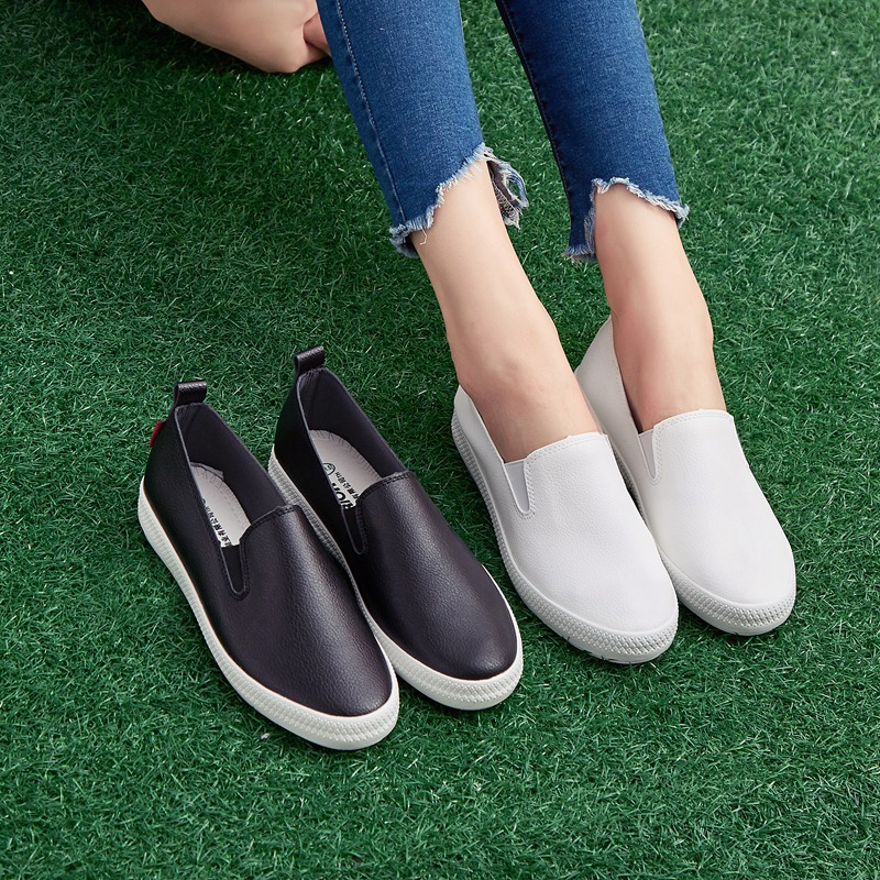 回力潮女鞋 純黑色一腳蹬套腳懶人鞋軟底防滑皮面帆布鞋休閑鞋