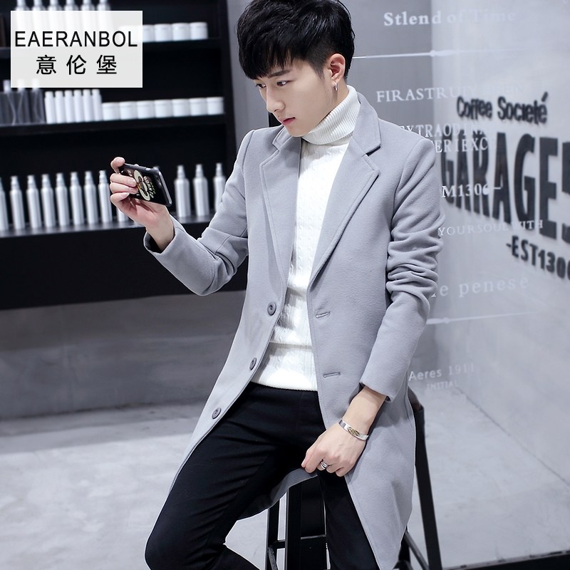 男士中長款風衣鼕季妮子外套男呢子韓版修身潮流秋季學生毛呢大衣