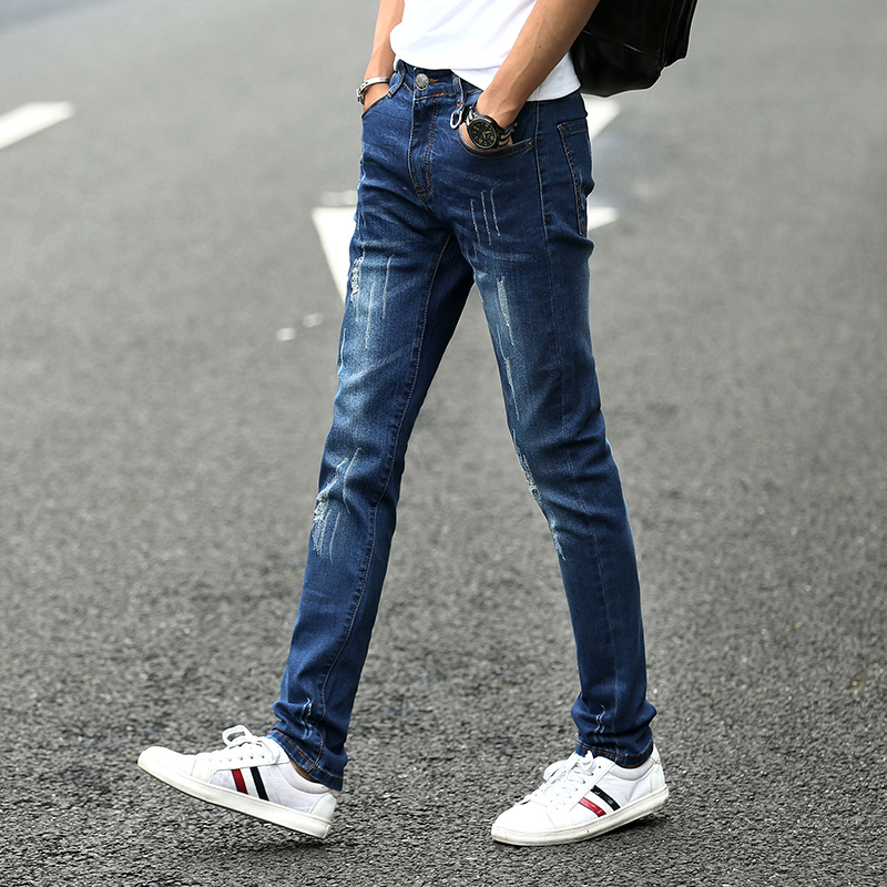 SNK彈力男士牛仔褲男褲修身破洞韓版潮流男生小腳秋季學生長褲子