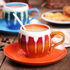 窑变流釉 特色手绘咖啡杯碟套装 花式陶瓷杯子 个性复古创意 送勺