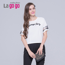 Lagogo/拉谷谷2015夏季新品时尚字母印花青春短款上衣EBA615J649