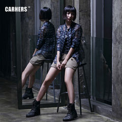 Carhers新品原创潮流女装真丝欧根纱衬衣印花休闲款立领女士衬衫