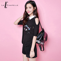 拉夏贝尔 2014秋新款 欧根纱贴布绣图案七分袖露肩T恤 女10006426