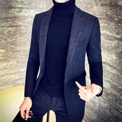 2016秋冬装男士中长款风衣韩版修身呢大衣男青年个性拼色呢子外套