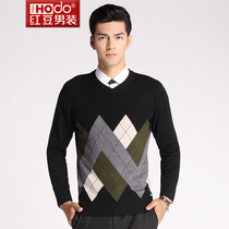 Hodo/红豆秋装专柜同步男士羊毛衫纯羊毛毛衣针织衫提花V领男024s