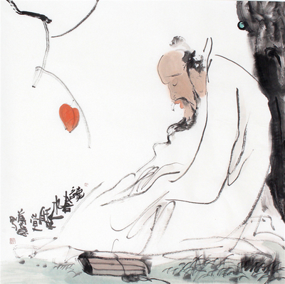 蒋意国画作品《人物画》之读书睡觉图