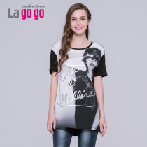 Lagogo/拉谷谷2015夏季新款宽松人物印花中长款短袖T恤EBM795J958
