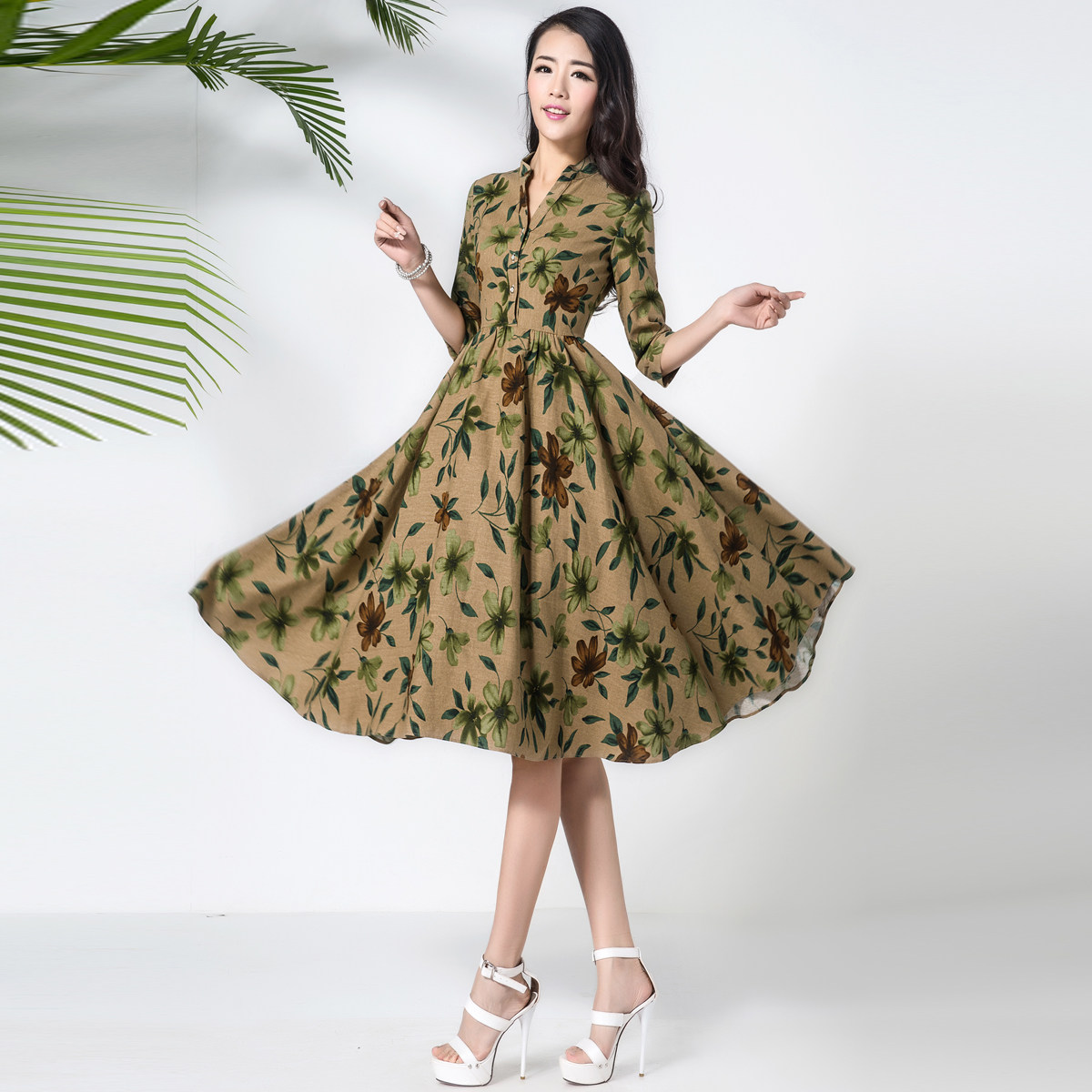 大花大摆连衣裙