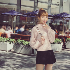 舒雪儿韩版半高领套头短款粉色泡泡袖毛衣女学生修身针织衫上衣