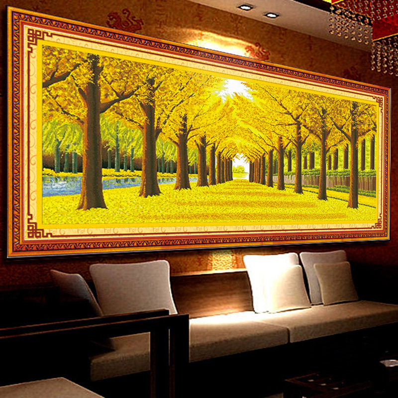 s十字绣成品黄金满地新款客厅大画风景山水画黄金大道机绣/纯手工