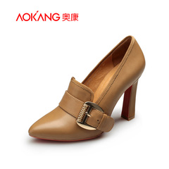 Aokang shoes new stylish soft leather comfort Sheepskin women's shoes in Europe and metal buckle high heels