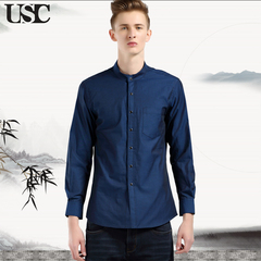 USC男装新年礼物中国风唐装中华立领衬衣 男款长袖商务休闲潮衬衫